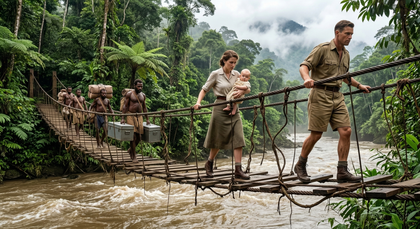 Mags and Kelty crossing a rope bridge in Papua New Guinea